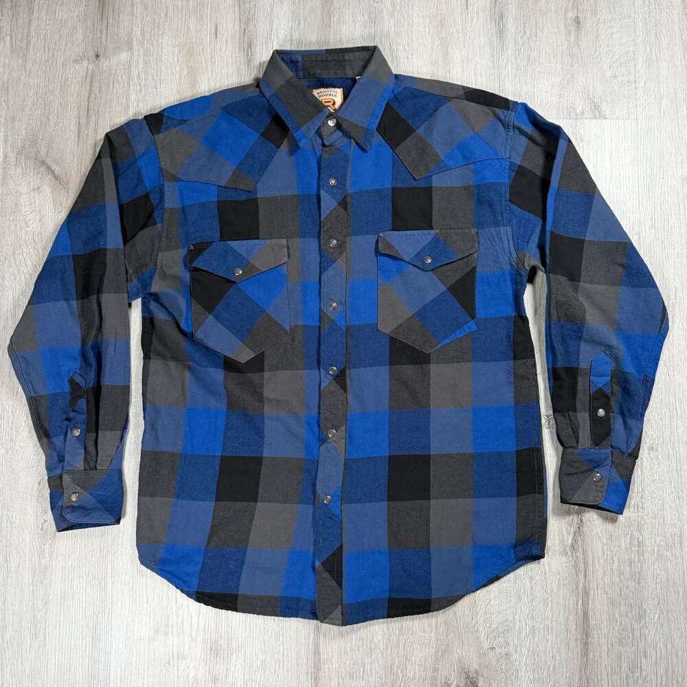 Resistol Double Men's Blue and Black Plaid Long Sleeve Western Snap Shirt Medium